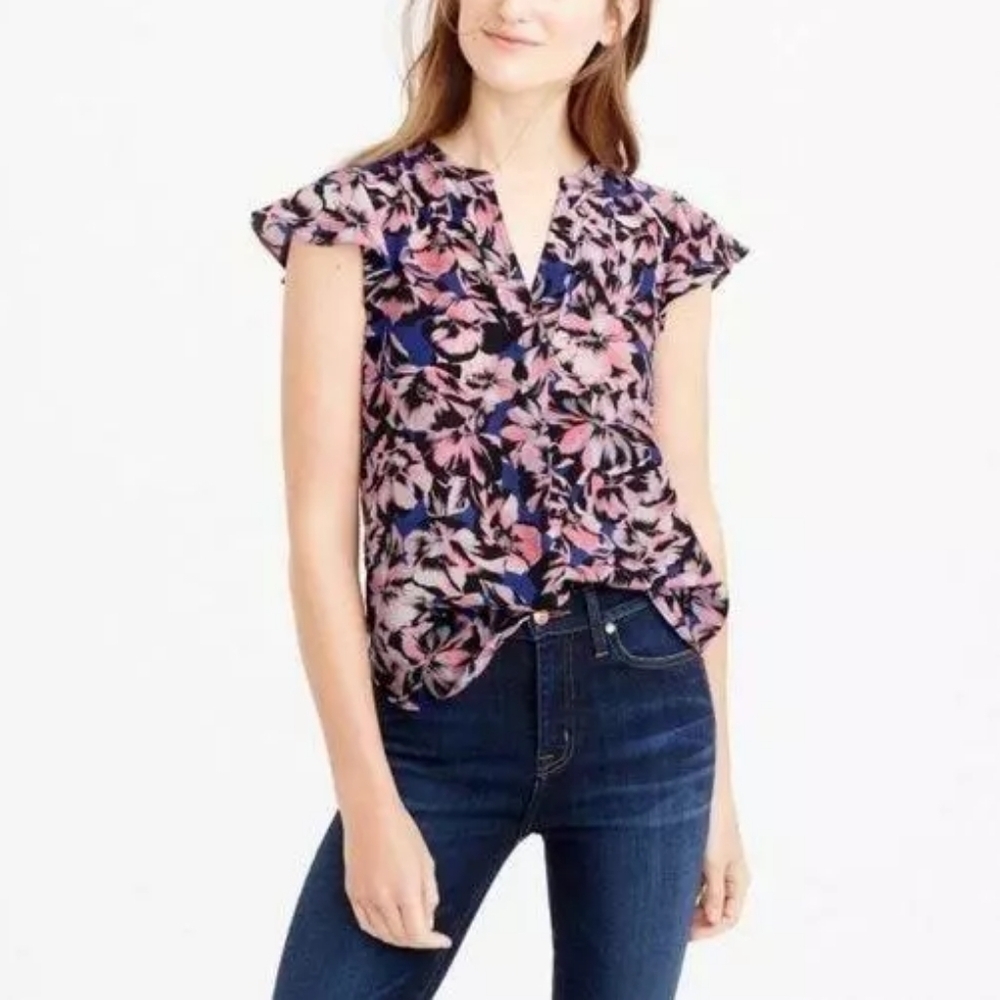 J. Crew 100% Silk Flutter Sleeve Hibiscus Top